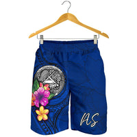 American Samoa Polynesian Men's Shorts - Floral With Seal Blue - Polynesian Pride