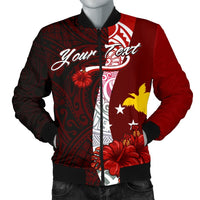 Papua New Guinea Polynesian Custom Personalised Men's Bomber Jacket - Coat Of Arm With Hibiscus Red - Polynesian Pride