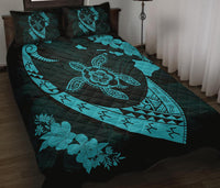 Hawaiian Map Hibiscus Turtle Fish Hook Polynesian Quilt Bedding Set Blue - Polynesian Pride