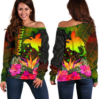 Papua New Guinea Polynesian Personalised Women's Off Shoulder Sweater - Hibiscus and Banana Leaves Art - Polynesian Pride