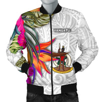 Vanuatu Men's Bomber Jacket Polynesian Hibiscus White Pattern White - Polynesian Pride