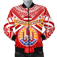 Tahiti Rugby Men Bomber Jacket Polynesian Coat Of Arms and Flag Red - Polynesian Pride