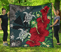 Hawaii Map Turtle Hibiscus Plumeria Polynesian - Premium Quilt AH Green - Polynesian Pride