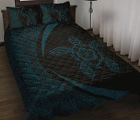 Hawaiian Polynesian Turtle Quilt Bed Set - Circle Style Blue And Black - Polynesian Pride