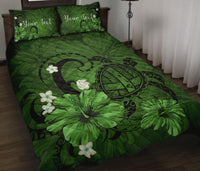 Personalized - Hawaii Map Turtle Hibiscus Plumeria Polynesian Quilt Bed Set - Green - Polynesian Pride