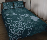 Hawaii Quilt Bed Set - Turtle Hibiscus Map Blue Quilt Bed Set - Polynesian Pride