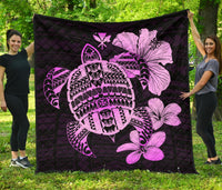 Hawaiian Kanaka Hibiscus Plumeria Mix Polynesian Turtle Premium Quilt Pink AH Pink - Polynesian Pride