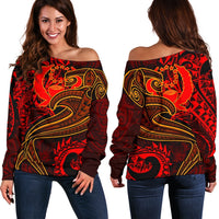 Pohnpei Women's Off Shoulder Sweater - Red Shark Polynesian Tattoo Red - Polynesian Pride