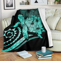 Hawaii Turtle Hibiscus Polynesian Vintage Premium Blanket - Turquoise White - Polynesian Pride
