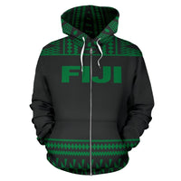 Fiji Tapa All Over Zip up Hoodie Green and Black Version - Polynesian Pride