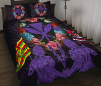 Hawaii Map Kanaka Two Men Holding Flag Quilt Bed Set - AH - Purple - Polynesian Pride