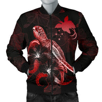 Papua New Guinea Polynesian Men's Bomber Jacket - Turtle With Blooming Hibiscus Red Red - Polynesian Pride