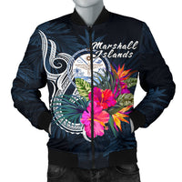 Marshall Islands Polynesian Men's Bomber Jacket - Tropical Flower Blue - Polynesian Pride