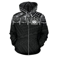Samoa Polynesian All Over Zip up Hoodie Black White Heartbeat Style - Polynesian Pride