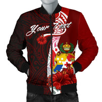 Tonga Polynesian Custom Personalised Men's Bomber Jacket - Coat Of Arm With Hibiscus Red - Polynesian Pride