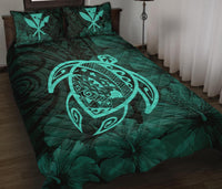 Hawaii Turtle Kanaka Map Hibiscus Poly Quilt Bed Set - Turquoise - Polynesian Pride