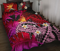 Kanaka Maoli (Hawaiian) Quilt Bed Set, Polynesian Pineapple Banana Leaves Turtle Tattoo Pink - Polynesian Pride