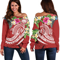 FSM Polynesian women's Off Shoulder Sweater - Summer Plumeria (Red) Red - Polynesian Pride