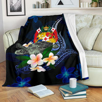 Tonga Polynesian Premium Blanket - Turtle With Plumeria Flowers White - Polynesian Pride