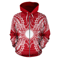 Marshall Islands Polynesian All Over Zip up Hoodie Map Red White - Polynesian Pride