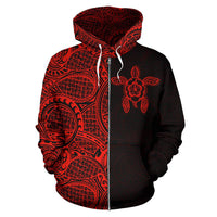 Turtle Hoodie Zip up Polynesian Half Style Red - Polynesian Pride