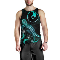 Yap Polynesian Men Tank Top - Turtle With Blooming Hibiscus Tuquoise - Polynesian Pride