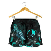 Yap Polynesian Women's Shorts - Turtle With Blooming Hibiscus Turquoise - Polynesian Pride