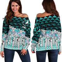 Pohnpei Women's Off Shoulder Sweaters - Coconut Leaves Weave Pattern Blue - Polynesian Pride