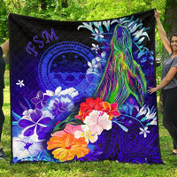 Federated States of Micronesia Premium Quilts - Humpback Whale with Tropical Flowers (Blue) Blue - Polynesian Pride
