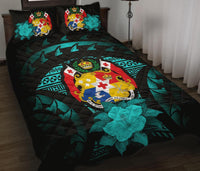 Tonga Polynesian Quilt Bed Set Hibiscus Turquoise Black - Polynesian Pride