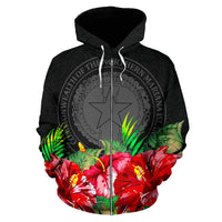 Northern Mariana Islands Polynesian Zip Hoodie Black Hibiscus - Polynesian Pride