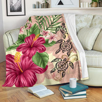 Hawaii Turtle Hibiscus Plumeria Beige Style - Premium Blanket AH White - Polynesian Pride