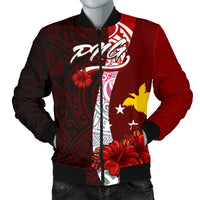 Papua New Guinea Polynesian Men's Bomber Jacket - Coat Of Arm With Hibiscus Red - Polynesian Pride