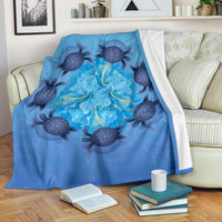 Hawaii Turtle Hibiscus Blue Premium Blanket White - Polynesian Pride