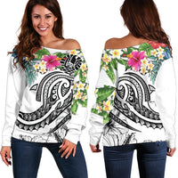 YAP Polynesian Women's Of Shoulder Sweater - Summer Plumeria (White) White - Polynesian Pride