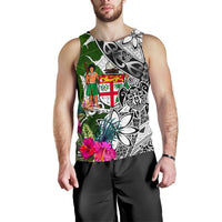 Fiji Men's Tank Top White - Turtle Plumeria Banana Leaf Crest - Polynesian Pride