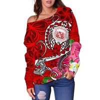 Hawaii Polynesian Women's Off Shoulder Sweater - Hawaii Seal With Turtle Plumeria (Red) - Polynesian Pride