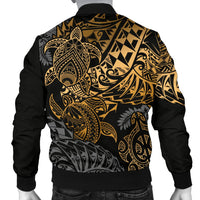 Tahiti Polynesian Men Bomber Jacket - Gold Turtle Hibiscus Flowing - Polynesian Pride