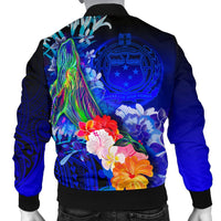 Samoa Men's Bomber Jacket - Humpback Whale with Tropical Flowers (Blue) - Polynesian Pride