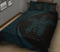 Hawaiian Polynesian Turtle Quilt Bed Set - Circle Style Blue And Black - Polynesian Pride
