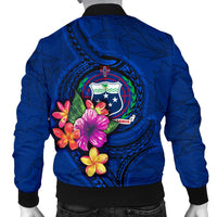 Samoa Polynesian Custom Personalised Men's Bomber Jacket - Floral With Seal Blue - Polynesian Pride