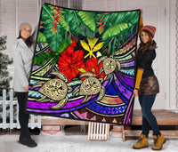 Kanaka Maoli (Hawaiian) Premium Quilt - Polynesian Turtle Colorful And Hibiscus - Polynesian Pride