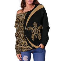 Hawaii Turtle Polynesian Women's Off Shoulder Sweater - Circle Style - AH - Golden White - Polynesian Pride