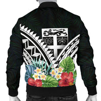 Fiji Men's Bomber Jacket - Fiji Coat of Arms & Polynesian Tropical Flowers White - Polynesian Pride