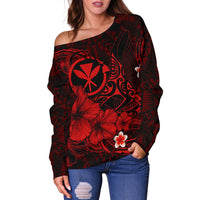 Polynesian Hawaii Kanaka Maoli Off Shoulder Sweater - Humpback Whale with Hibiscus (Red) - Polynesian Pride