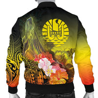 Tahiti Men's Bomber Jacket - Humpback Whale with Tropical Flowers (Yellow) - Polynesian Pride