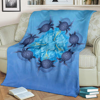 Hawaii Turtle Hibiscus Blue Premium Blanket - Polynesian Pride