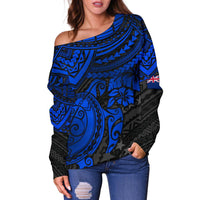 Cook Islands Polynesian Off Shoulder Sweater (Women) - Blue Turtle - Polynesian Pride