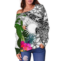 Marshall Islands Women's Off Shoulder Sweater White - Turtle Plumeria Banana Leaf - Polynesian Pride