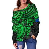 Pohnpei Polynesian Off Shoulder Sweater (Women) - Polynesian Green Turtle - Polynesian Pride